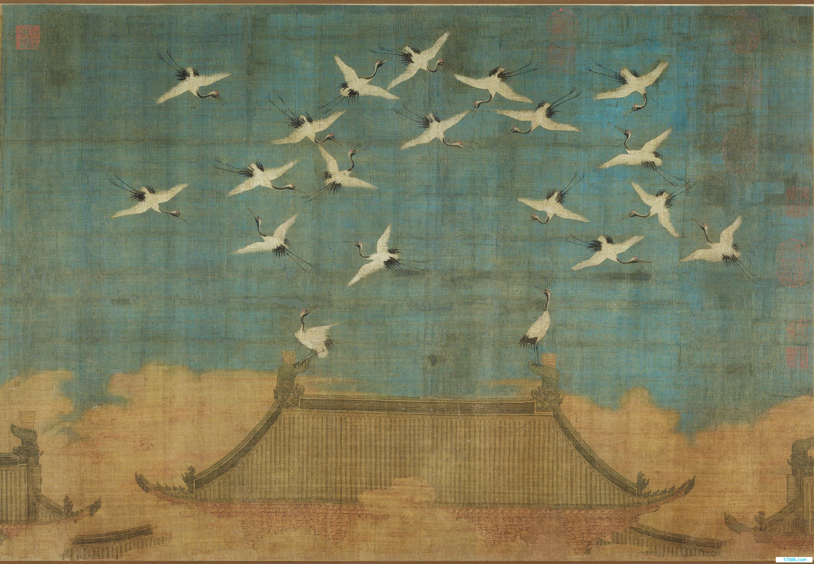 宋徽宗赵佶《瑞鹤图》，形容了汴梁宣德门上方遨游、耸立的20只丹顶鹤，宋徽宗视之为祯祥。