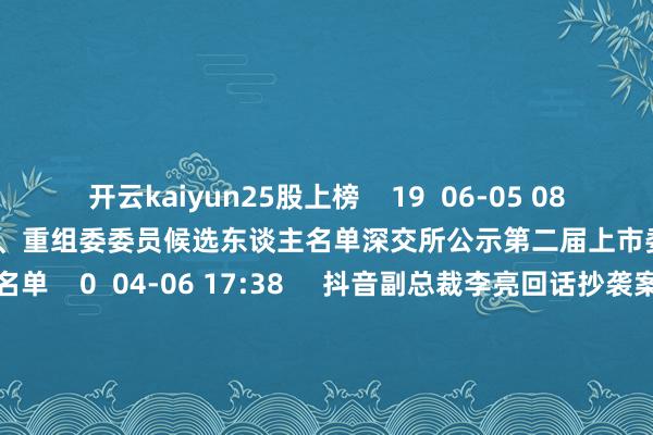 开云kaiyun25股上榜    19  06-05 08:28     深交所公示第二届上市委、重组委委员候选东谈主名单深交所公示第二届上市委、重组委委员候选东谈主名单    0  04-06 17:38     抖音副总裁李亮回话抄袭案：该涉事工程师已辞职抖音副总裁李亮回话抄袭案：该涉事工程师已辞职    29  02-13 15:32     一财最热      点击关闭-云开全站app官网